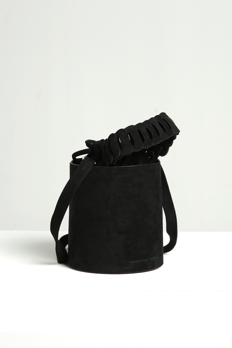 black suede bucket bag